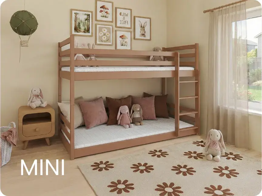 Bunk bed in cinnamon color with lower bed close to the floor